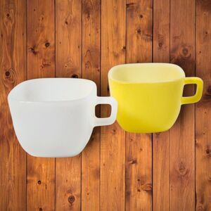 Vintage Glasbake Milk Glass Mugs Lot of 2 White & Yellow Block Handle Square Mug